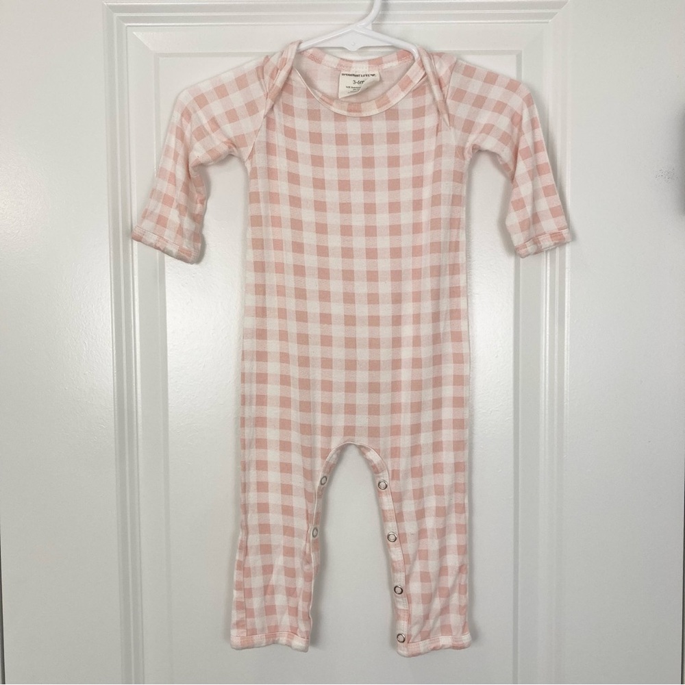 Spearmint Love Bamboo Gingham Romper Pajamas Jumpsuit in Pink‎ Baby Size 3M - 6M